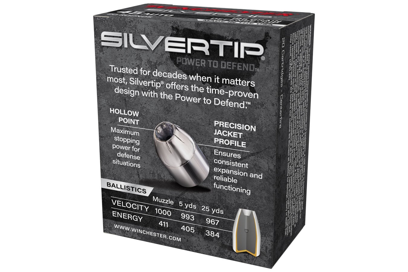 Winchester 45 Auto 185 gr JHP Silver Tip 20/Box